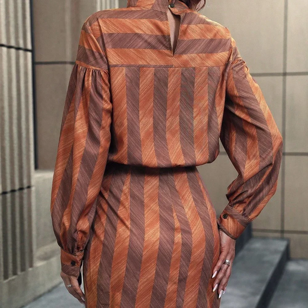 Brown Preppy Womens Striped Print Lantern Sleeve Knot Side Wrap Hem Dress - Picture 3 of 5